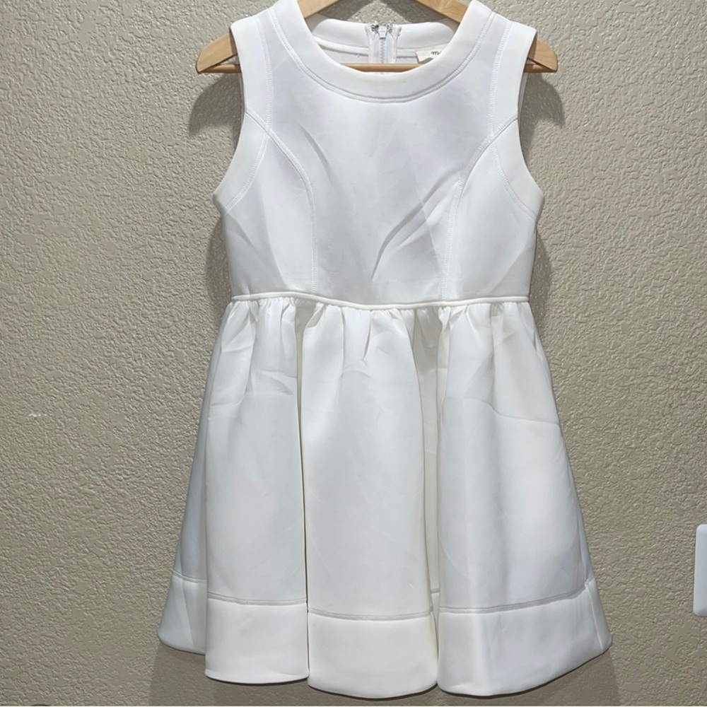 MABLE White Pleated A-Line Dress Crew Neck